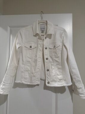 Tommy Bahama White Denim Jacket with Frayed Hem